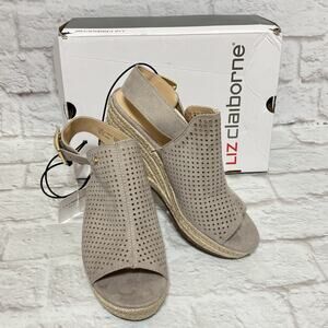 Liz Claiborne Wedge Sandals Women Size 7.5 Hadley Nude Slingback Faux Suede Shoe